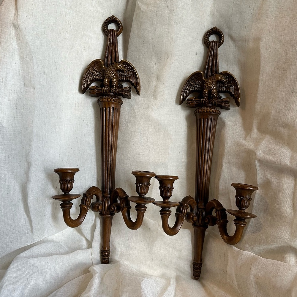 Pair of Vintage MCM eagle sconces, candlestick holders, molded faux wood